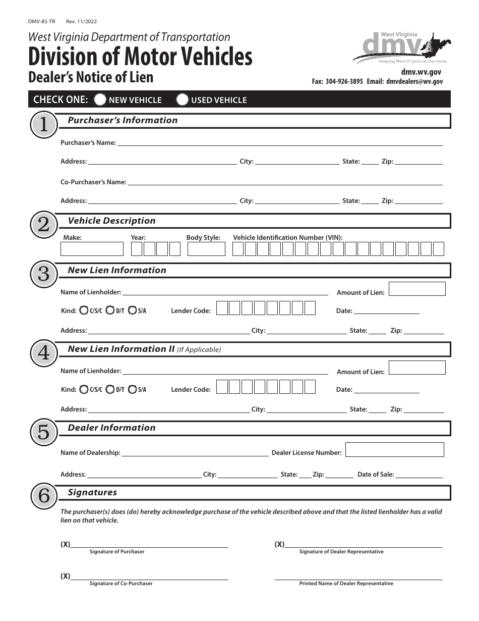 Form DMV-85-TR Dealers Notice of Lien - West Virginia, Page 1