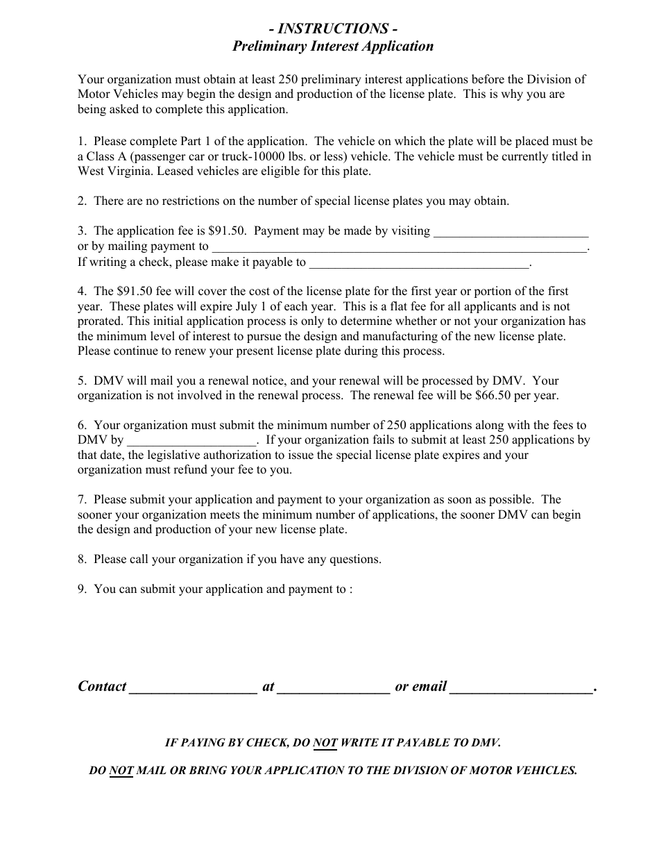 Form DMV-54 Preliminary Interest Application for Special Plate - West Virginia, Page 2