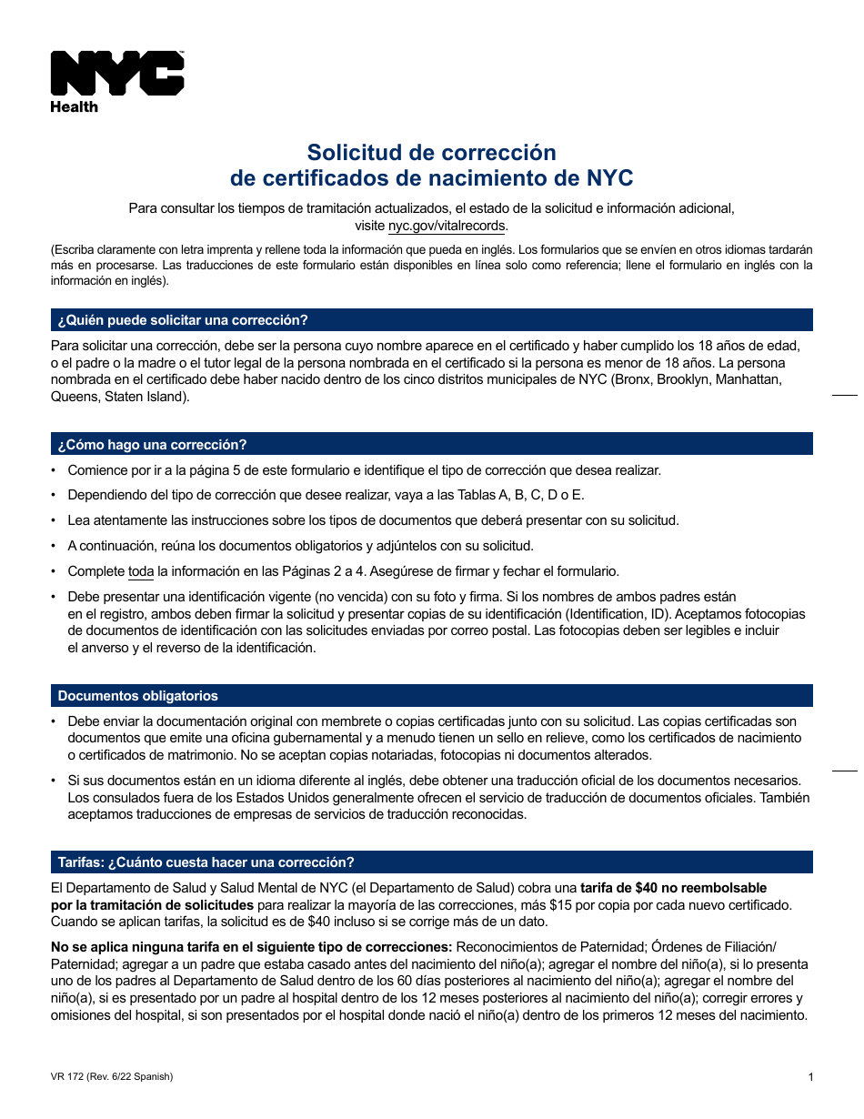 Formulario VR172 Solicitud De Correccion De Certificados De Nacimiento De Nyc - New York City (Spanish), Page 1