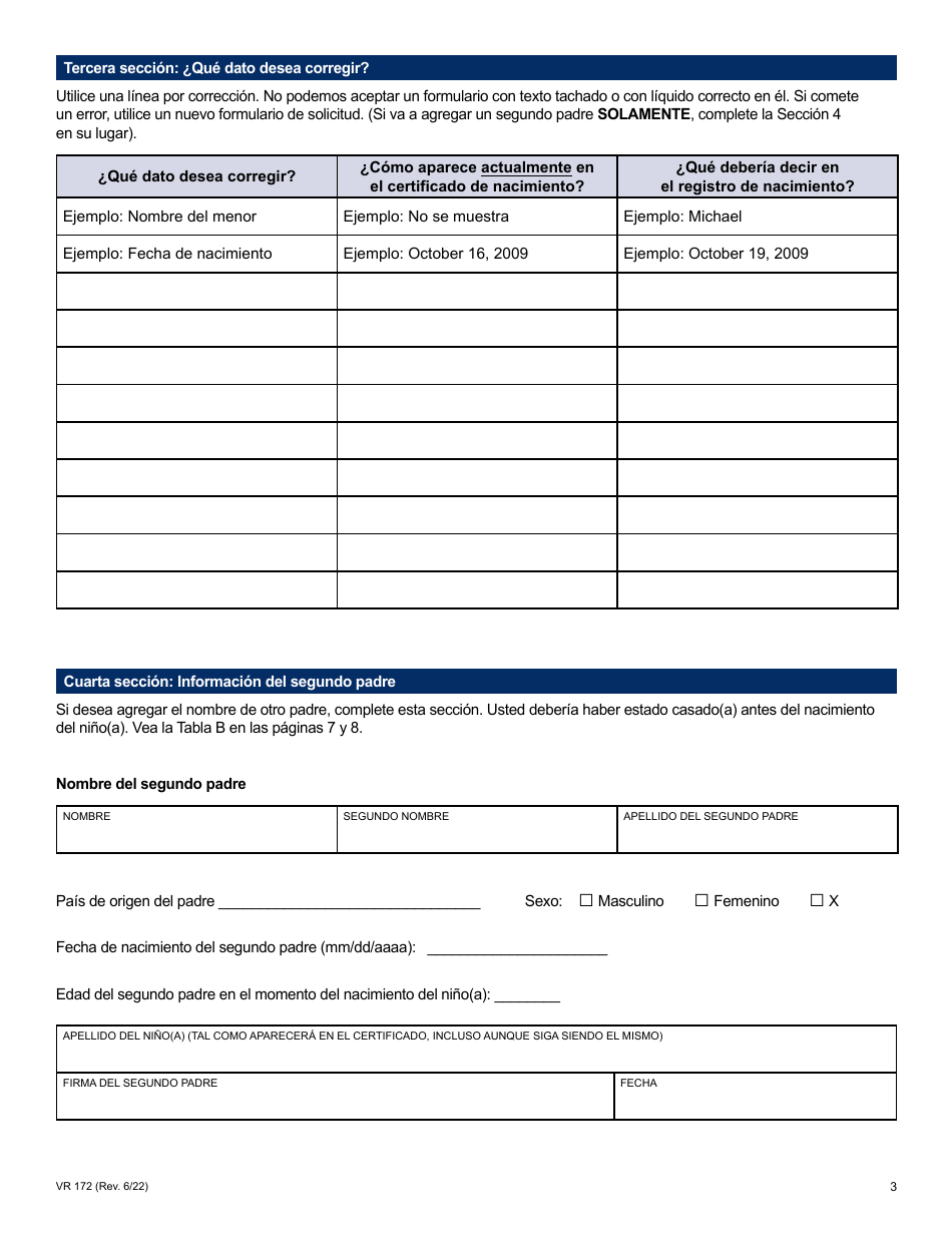 Formulario VR172 Solicitud De Correccion De Certificados De Nacimiento De Nyc - New York City (Spanish), Page 3