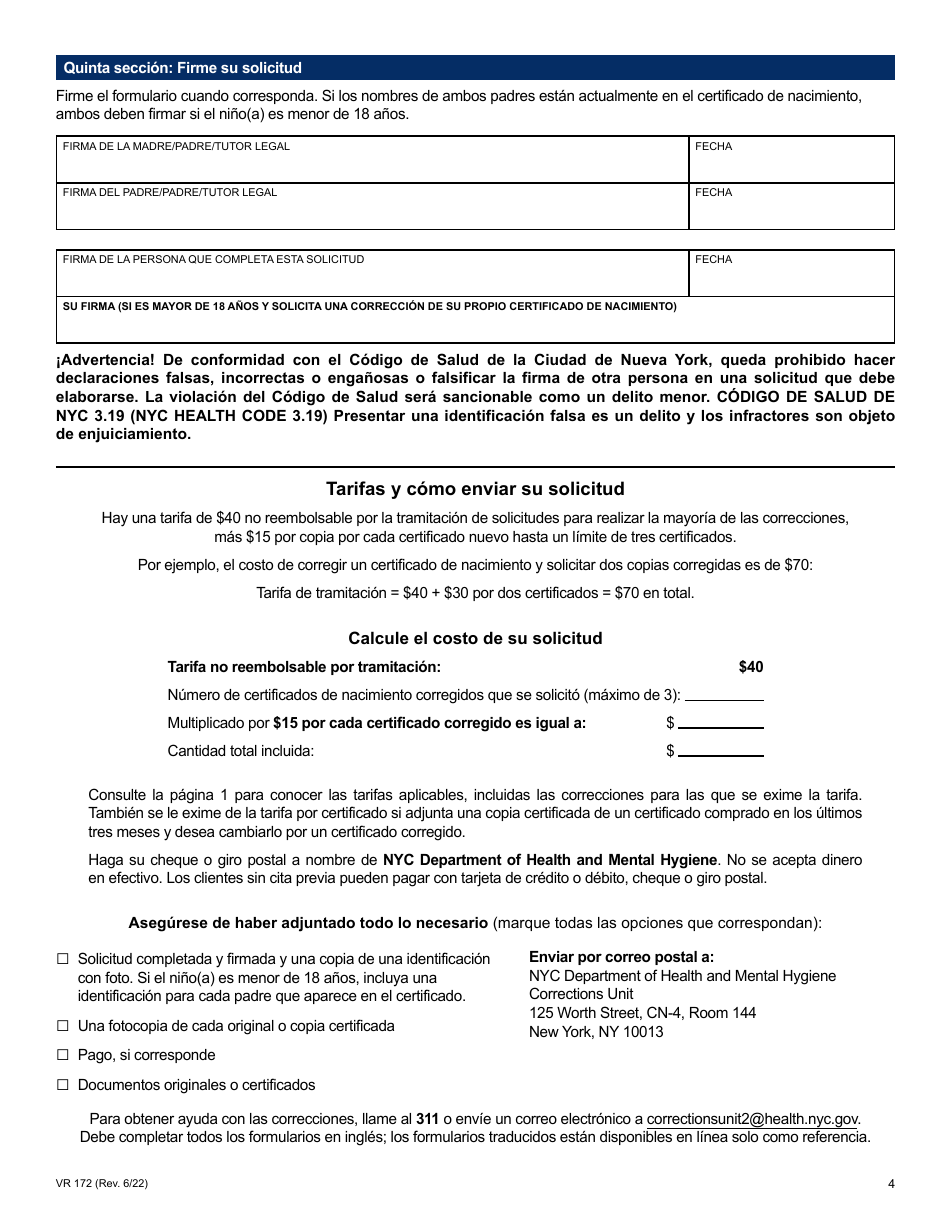 Formulario VR172 Solicitud De Correccion De Certificados De Nacimiento De Nyc - New York City (Spanish), Page 4