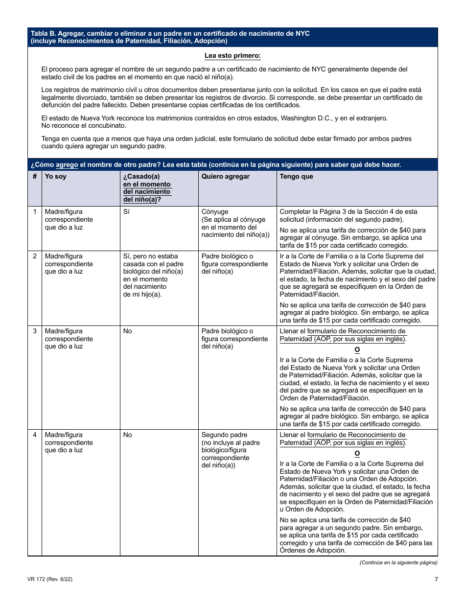 Formulario VR172 Solicitud De Correccion De Certificados De Nacimiento De Nyc - New York City (Spanish), Page 7