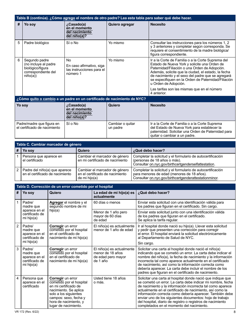 Formulario VR172 Solicitud De Correccion De Certificados De Nacimiento De Nyc - New York City (Spanish), Page 8