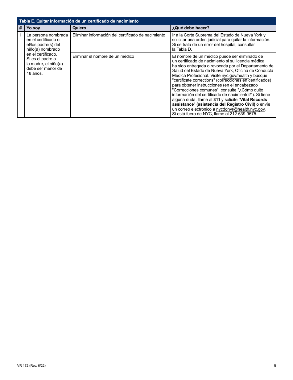 Formulario VR172 Solicitud De Correccion De Certificados De Nacimiento De Nyc - New York City (Spanish), Page 9