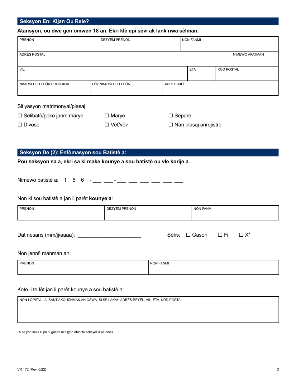 Form VR172 Application for the Correction of a Nyc Birth Certificate - New York City (Haitian Creole), Page 2