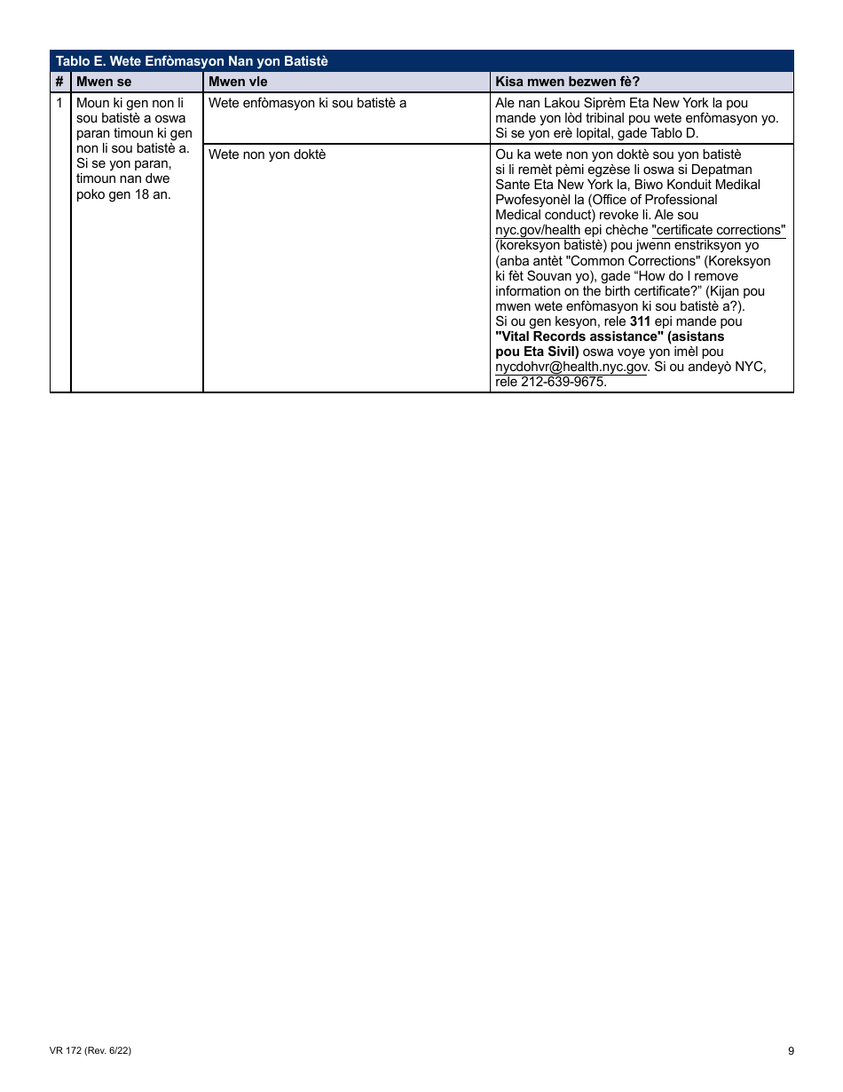 Form VR172 Application for the Correction of a Nyc Birth Certificate - New York City (Haitian Creole), Page 9
