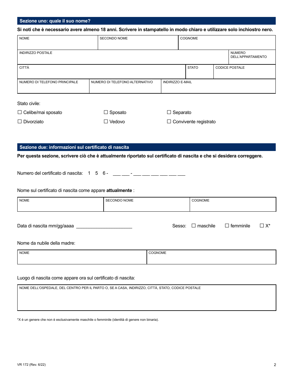 Form VR172 Application for the Correction of a Nyc Birth Certificate - New York City (Italian), Page 2