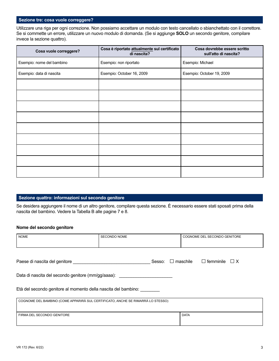 Form VR172 Application for the Correction of a Nyc Birth Certificate - New York City (Italian), Page 3