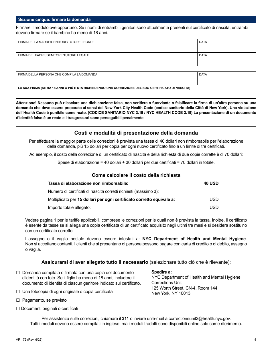 Form VR172 Application for the Correction of a Nyc Birth Certificate - New York City (Italian), Page 4