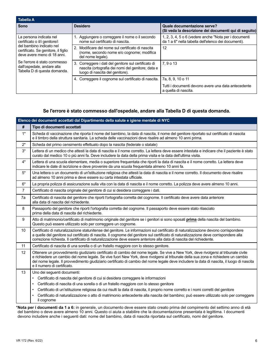 Form VR172 Application for the Correction of a Nyc Birth Certificate - New York City (Italian), Page 6