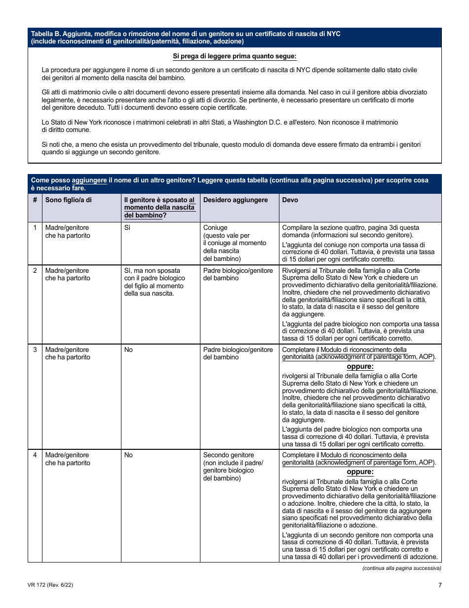 Form VR172 Application for the Correction of a Nyc Birth Certificate - New York City (Italian), Page 7