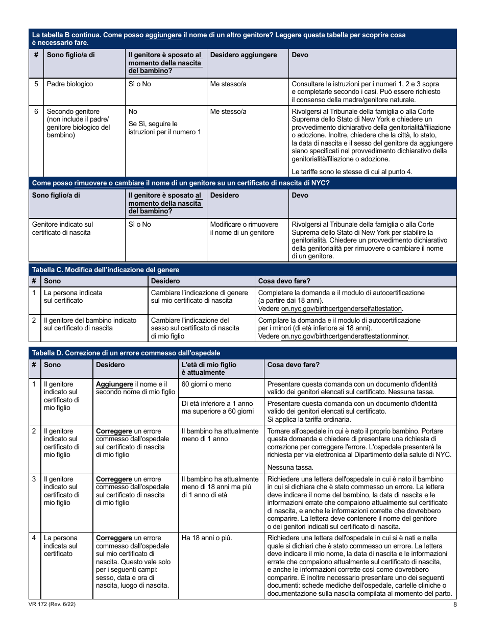 Form VR172 Application for the Correction of a Nyc Birth Certificate - New York City (Italian), Page 8