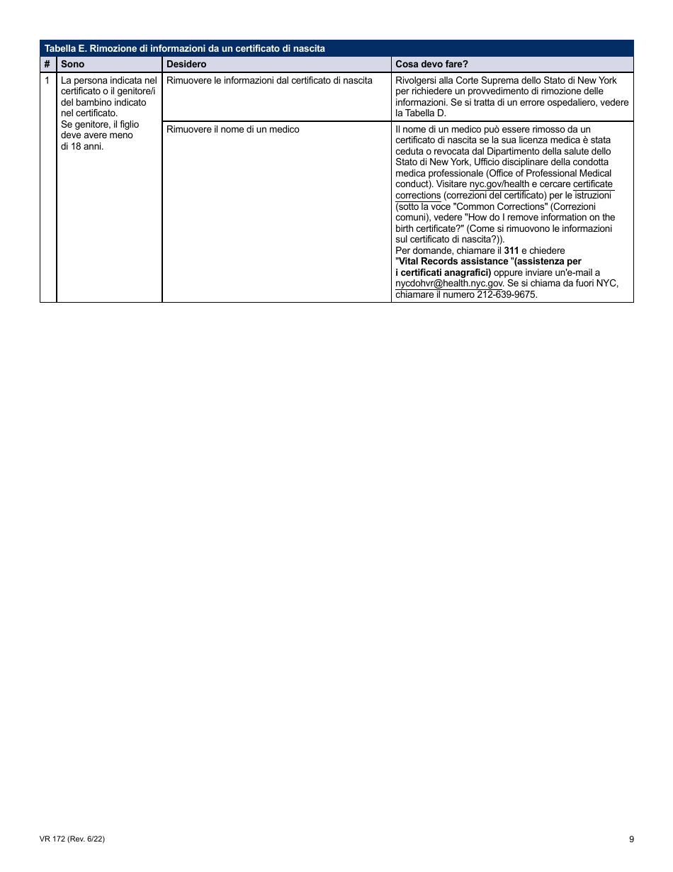Form VR172 Application for the Correction of a Nyc Birth Certificate - New York City (Italian), Page 9