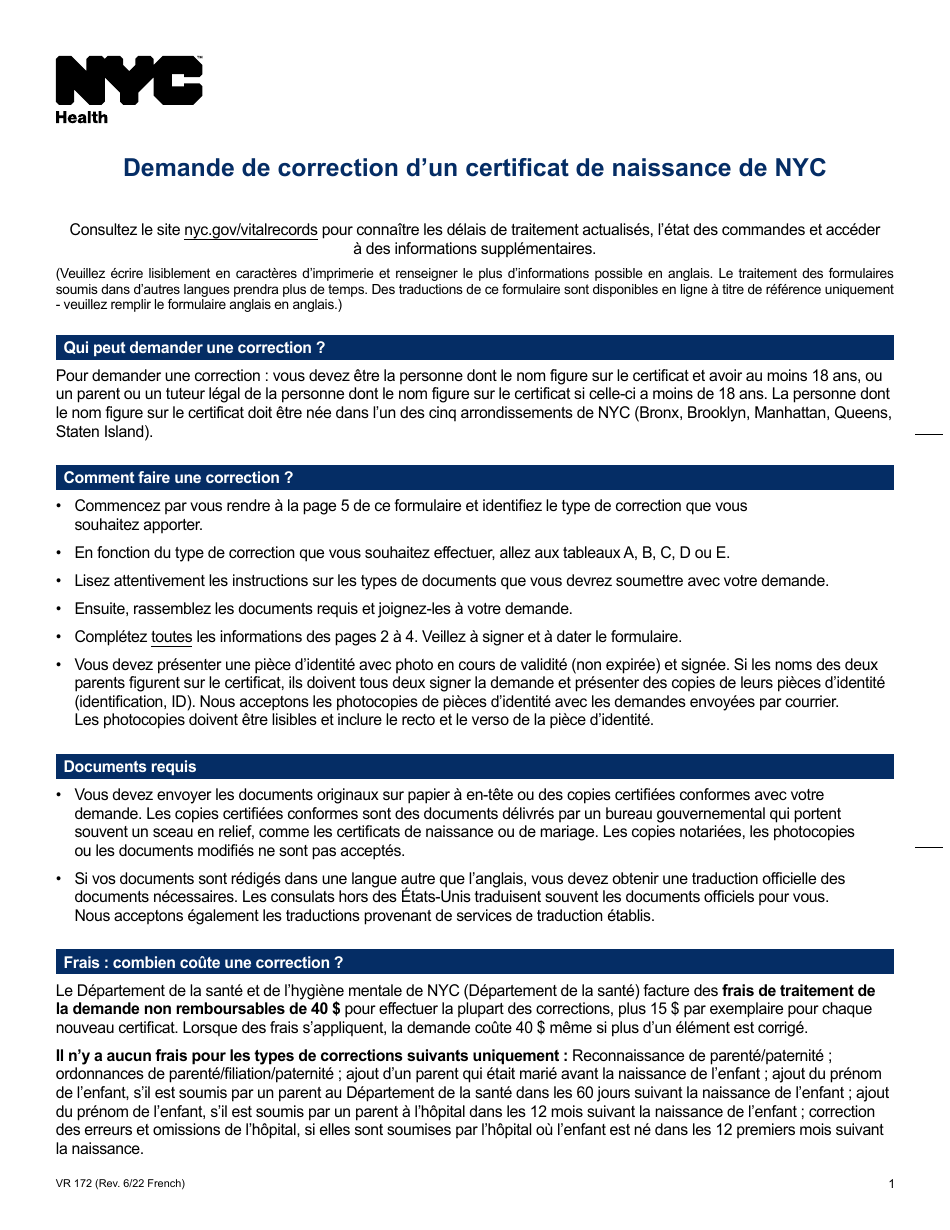 Form VR172 Application for the Correction of a Nyc Birth Certificate - New York City (French), Page 1