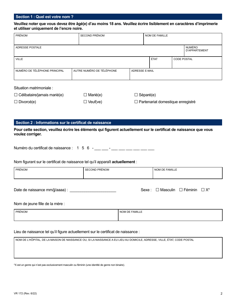 Form VR172 Application for the Correction of a Nyc Birth Certificate - New York City (French), Page 2
