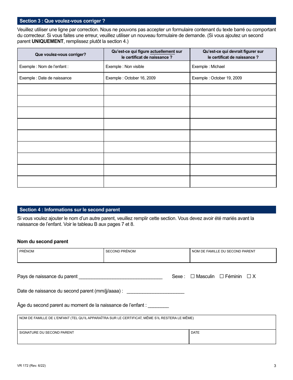 Form VR172 Application for the Correction of a Nyc Birth Certificate - New York City (French), Page 3