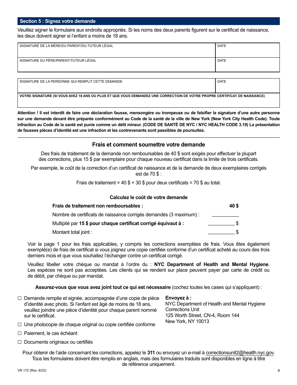 Form VR172 Application for the Correction of a Nyc Birth Certificate - New York City (French), Page 4