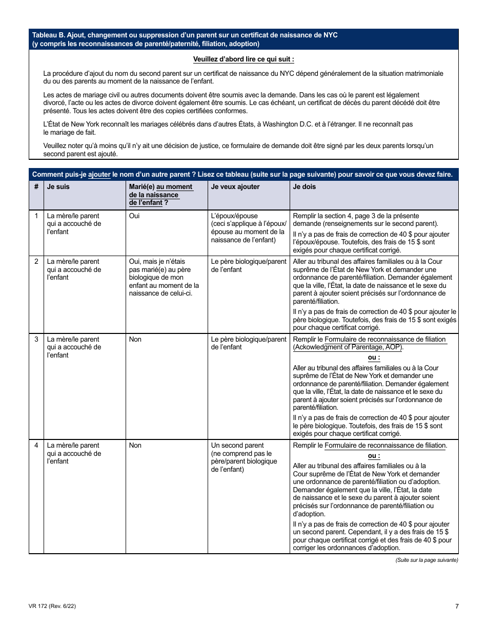 Form VR172 Application for the Correction of a Nyc Birth Certificate - New York City (French), Page 7