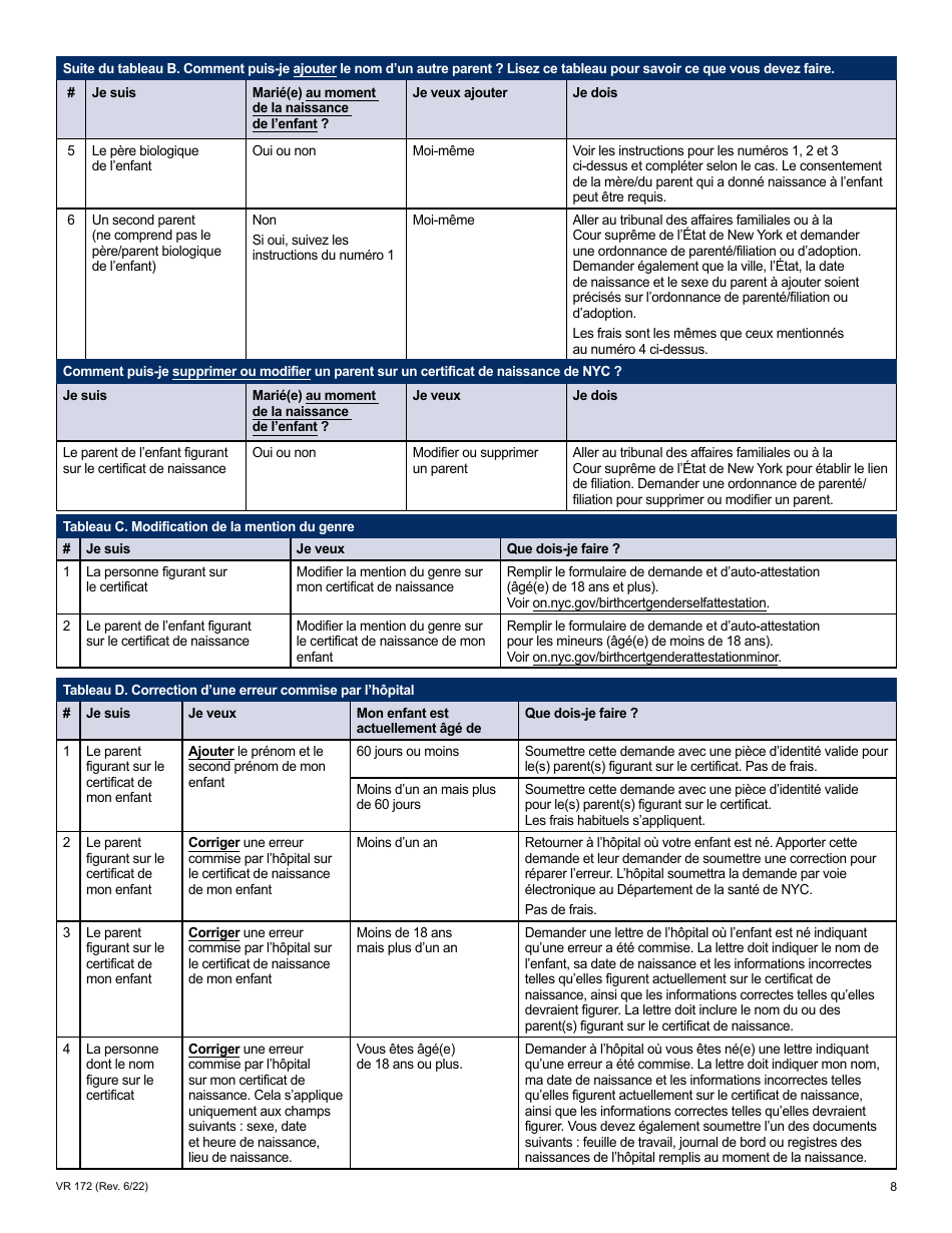 Form VR172 Application for the Correction of a Nyc Birth Certificate - New York City (French), Page 8