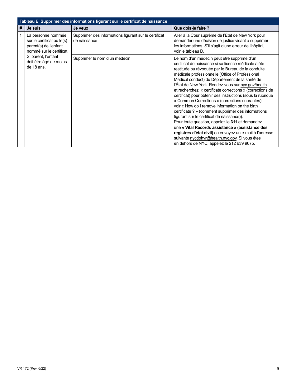 Form VR172 Application for the Correction of a Nyc Birth Certificate - New York City (French), Page 9