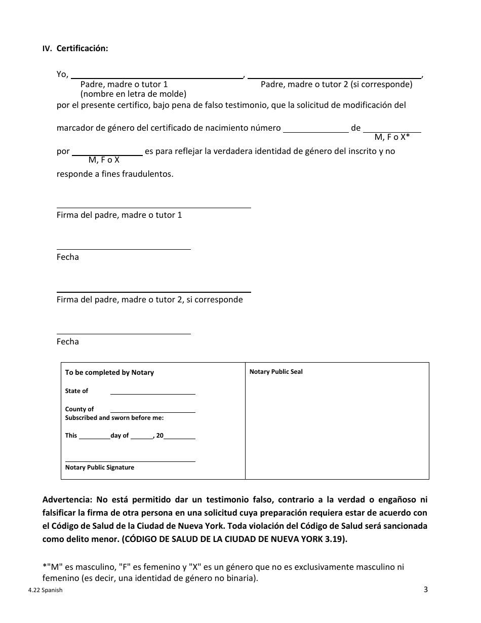 Formulario De Certificacion Para Padres, Madres O Tutores Legales Nombrados De Un Inscrito Menor De 18 Anos - New York City (Spanish), Page 3