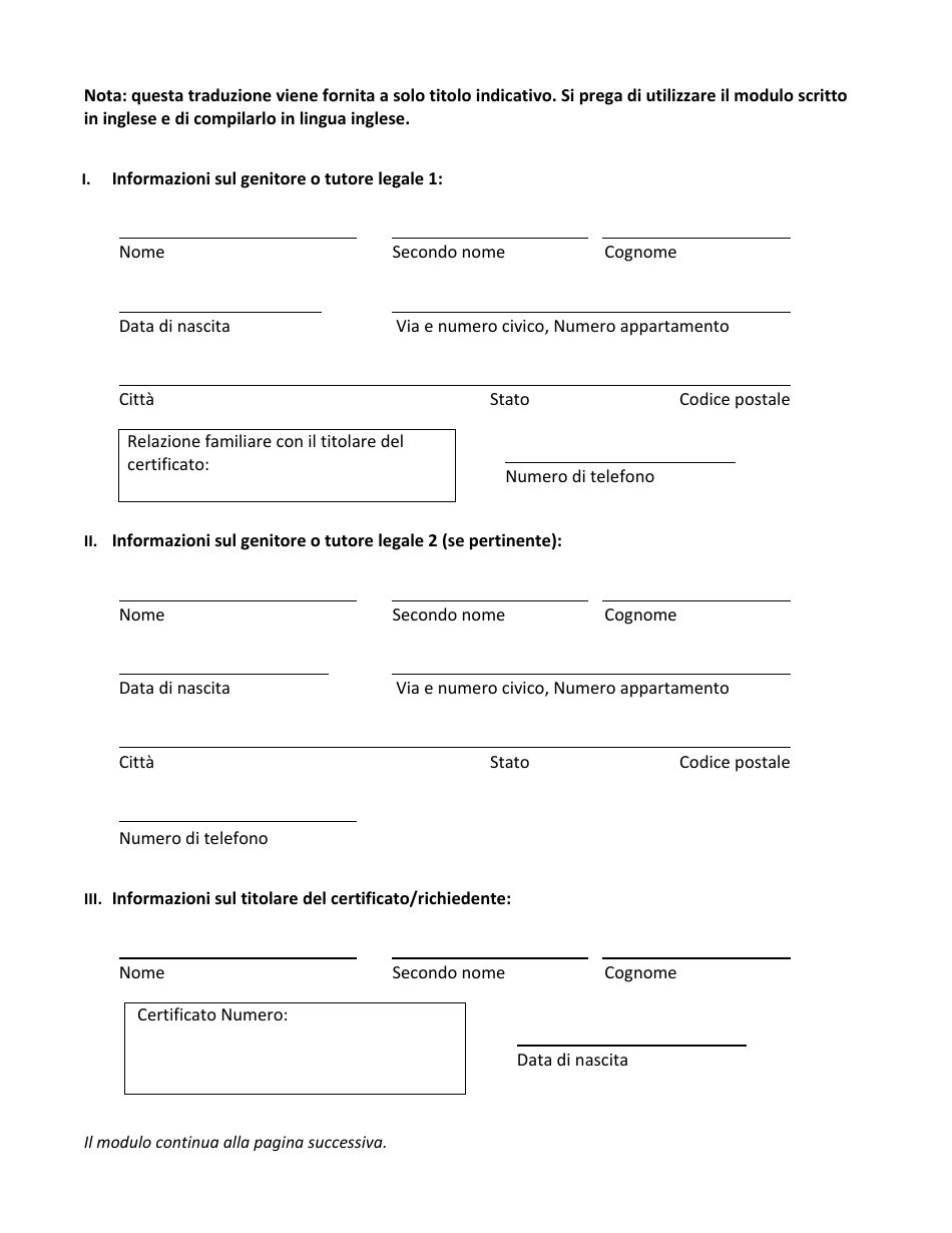 Attestation Form for Named Parents or Legal Guardians of a Registrant Younger Than 18 Years Old - New York City (Italian), Page 2