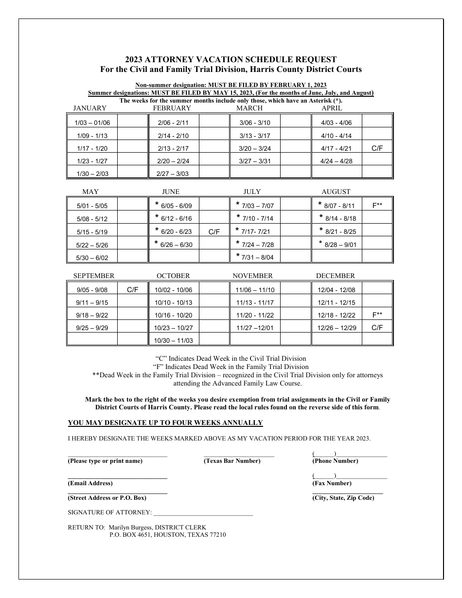 2023 Harris County, Texas Attorney Vacation Schedule Request Fill Out