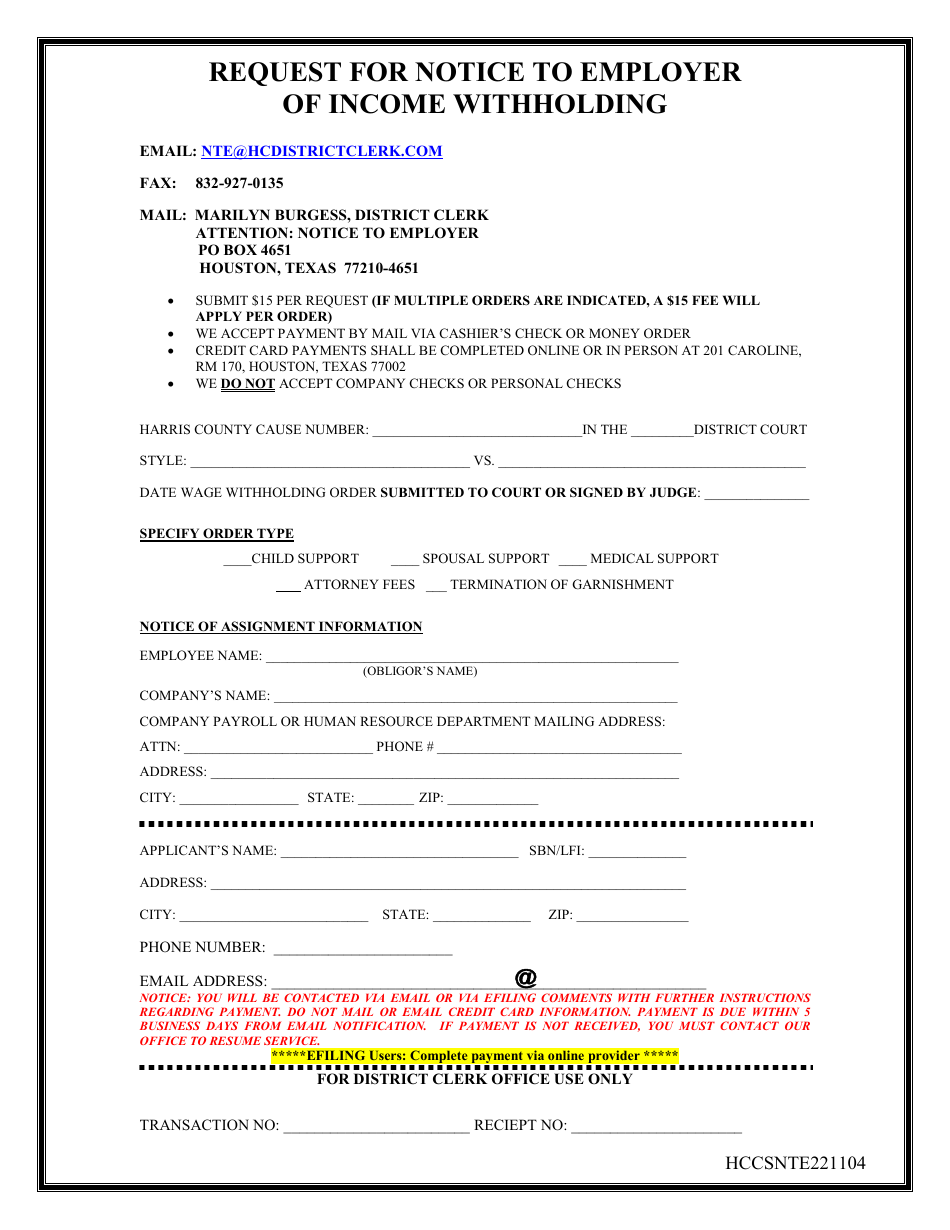 Request for Notice to Employer of Income Withholding - Harris County, Texas, Page 1