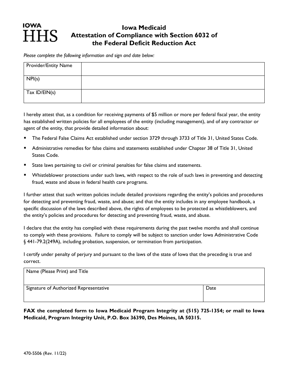 Form 470-5506 Attestation of Compliance With Section 6032 of the Federal Deficit Reduction Act - Iowa, Page 1
