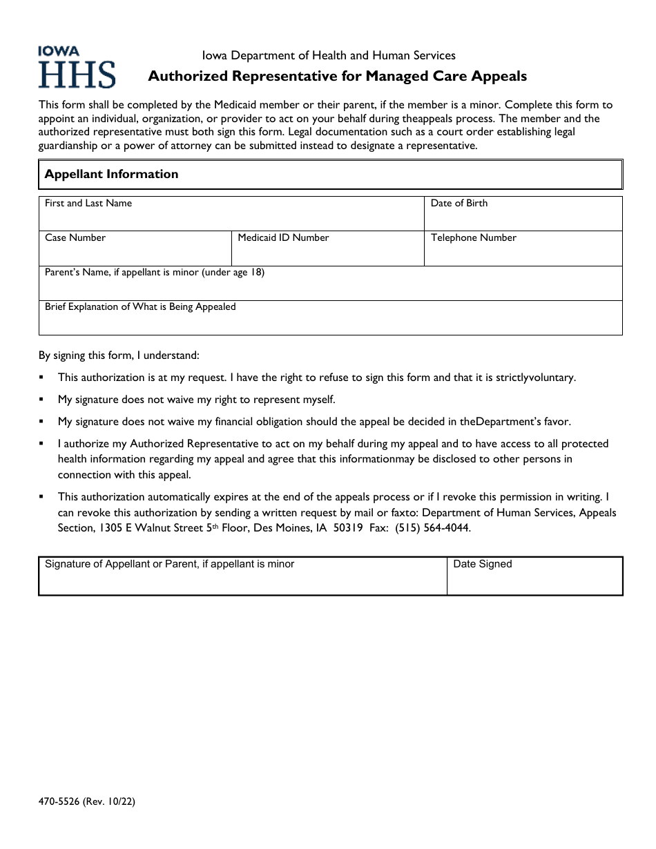 Form 470-5526 Authorized Representative for Managed Care Appeals - Iowa, Page 1