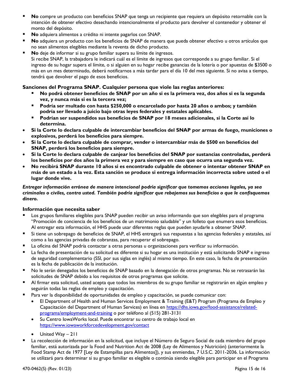 Formulario 470-0462(S) Solicitud De Ayuda Financiera Y Asistencia Alimenticia - Iowa (Spanish), Page 15