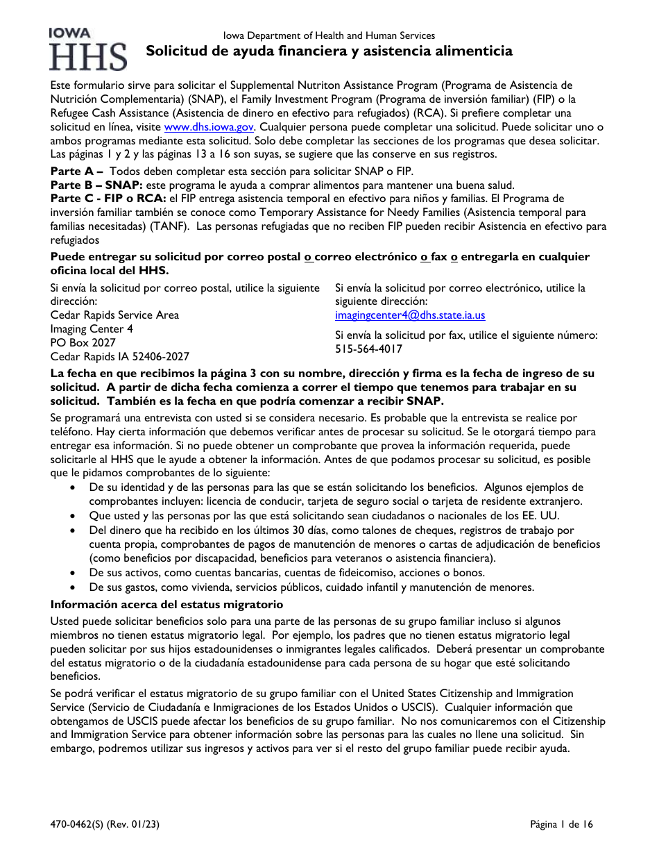 Formulario 470-0462(S) Solicitud De Ayuda Financiera Y Asistencia Alimenticia - Iowa (Spanish), Page 1