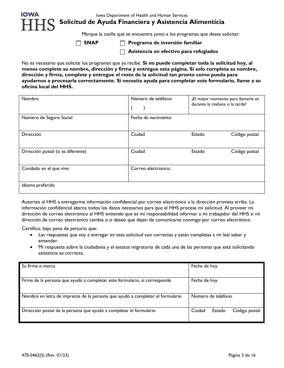 Formulario 470-0462(S) Solicitud De Ayuda Financiera Y Asistencia Alimenticia - Iowa (Spanish), Page 3