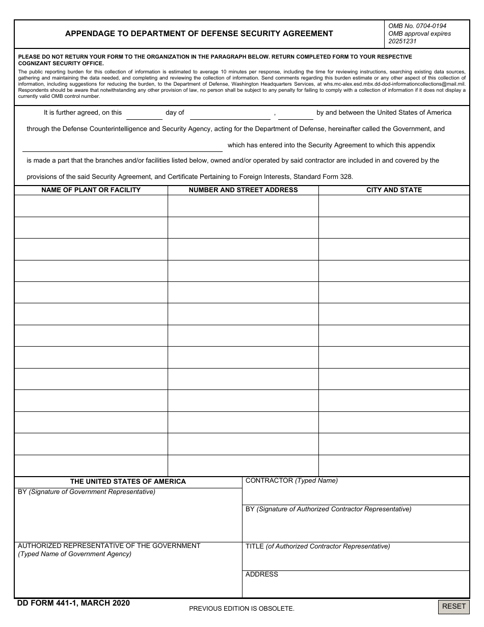 DD Form 441-1 Appendage to Department of Defense Security Agreement, Page 1