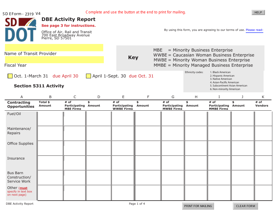 SD Form 2319 Dbe Activity Report - South Dakota, Page 1