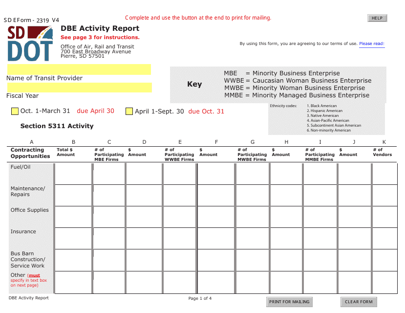 SD Form 2319 Dbe Activity Report - South Dakota