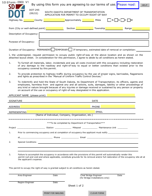 Form DOT-295 (SD Form 0903)  Printable Pdf