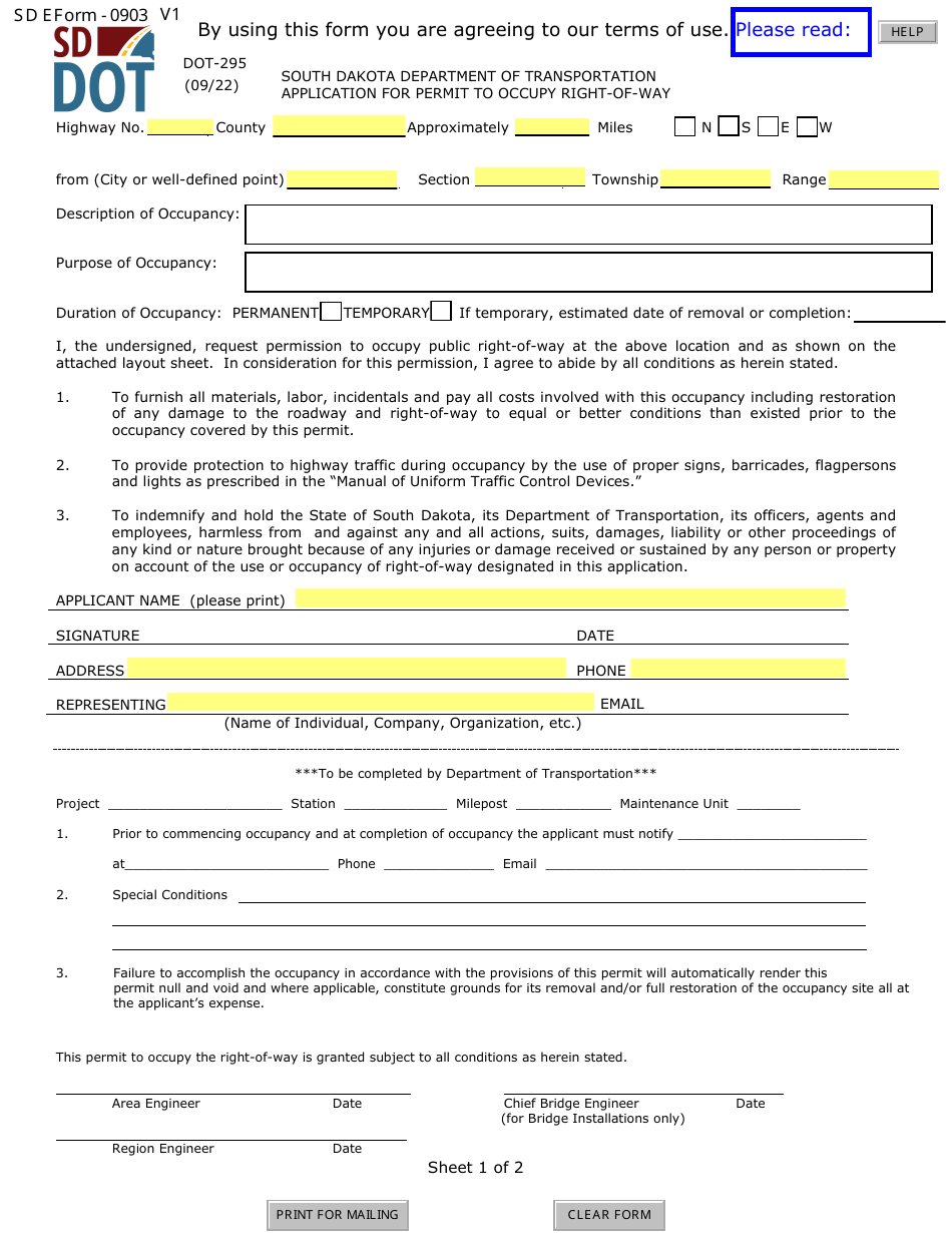 Form DOT-295 (SD Form 0903) Application for Permit to Occupy Right-Of-Way - South Dakota, Page 1