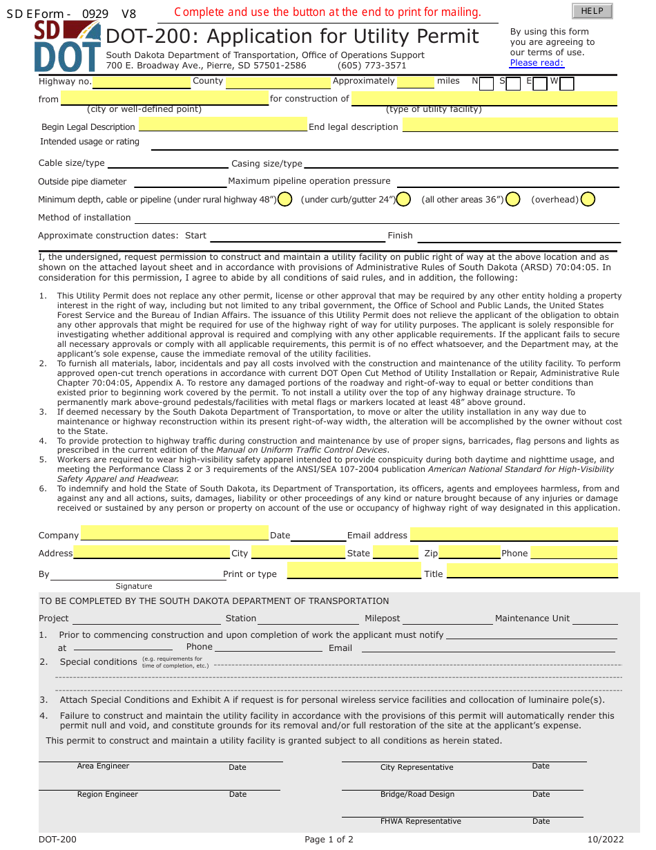 Form DOT-200 (SD Form 0929) Application for Utility Permit - South Dakota, Page 1