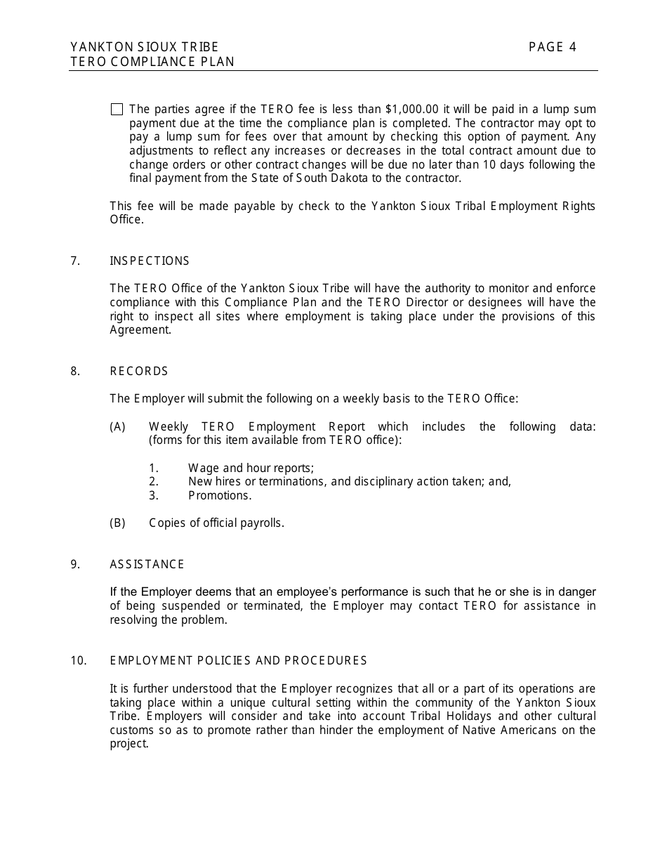 Yankton Sioux Tribe Tribal Employment Rights Office Compliance Plan (For Projects Let Prior to October 1, 2022) - South Dakota, Page 4