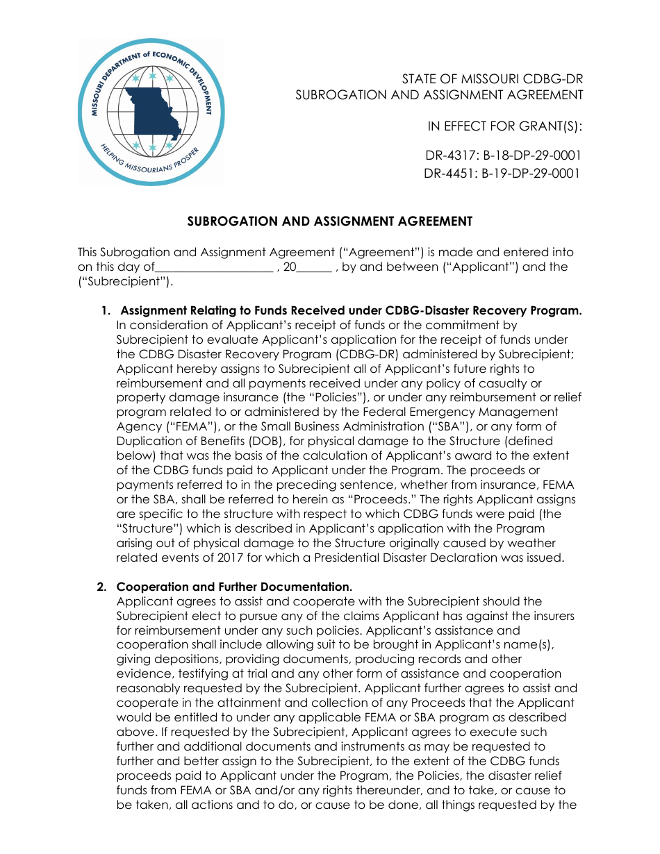 Cdbg-Dr Subrogation and Assignment Agreement - Missouri, Page 1