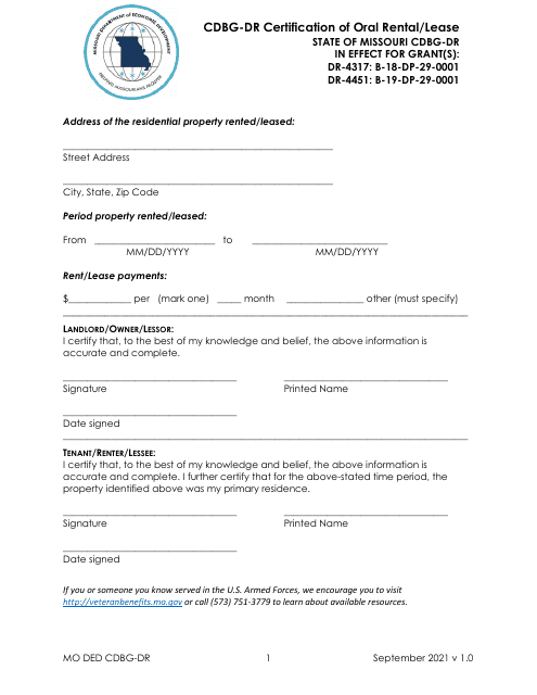 Cdbg-Dr Certification of Oral Rental / Lease - Missouri Download Pdf