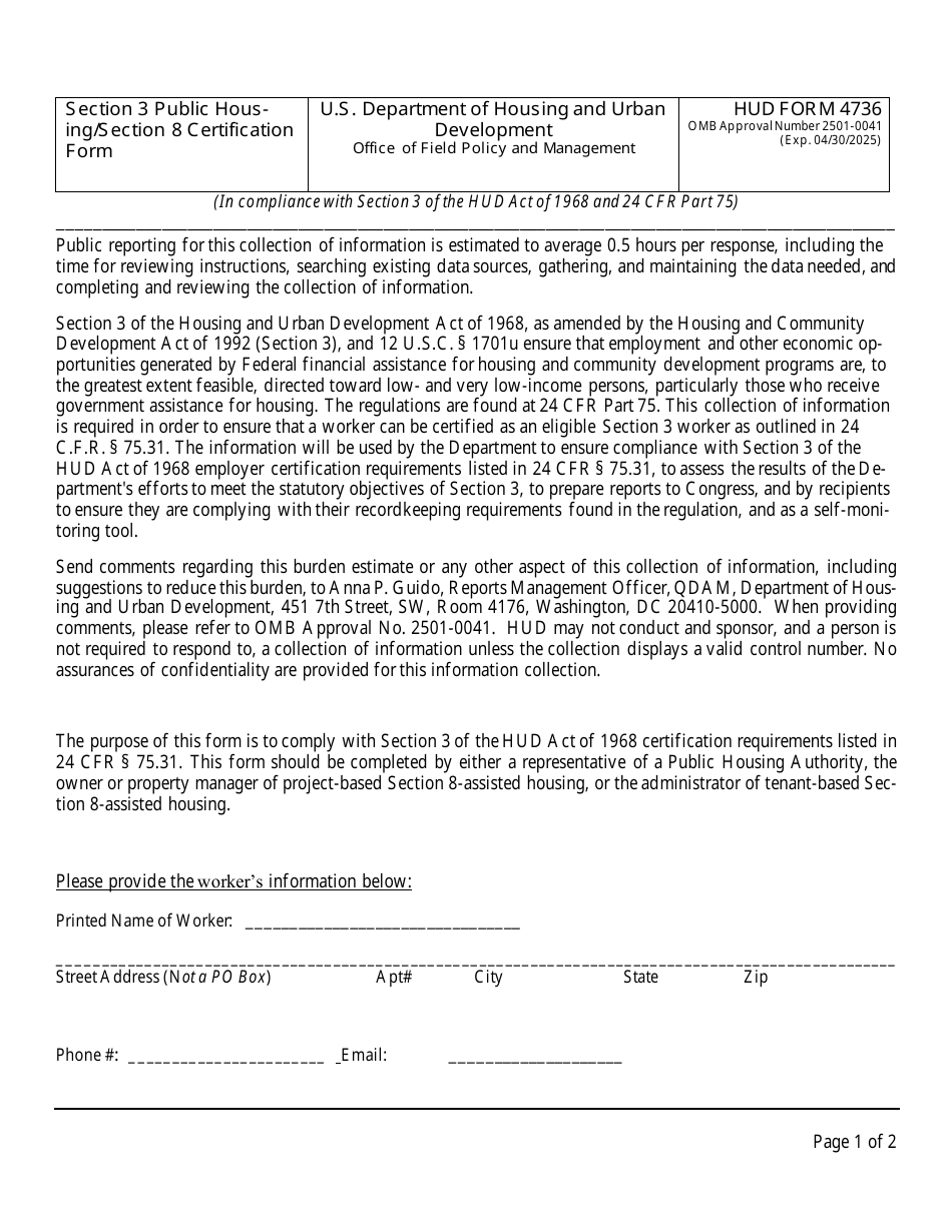 HUD Form 4736 Section 3 Public Housing / Section 8 Certification Form, Page 1