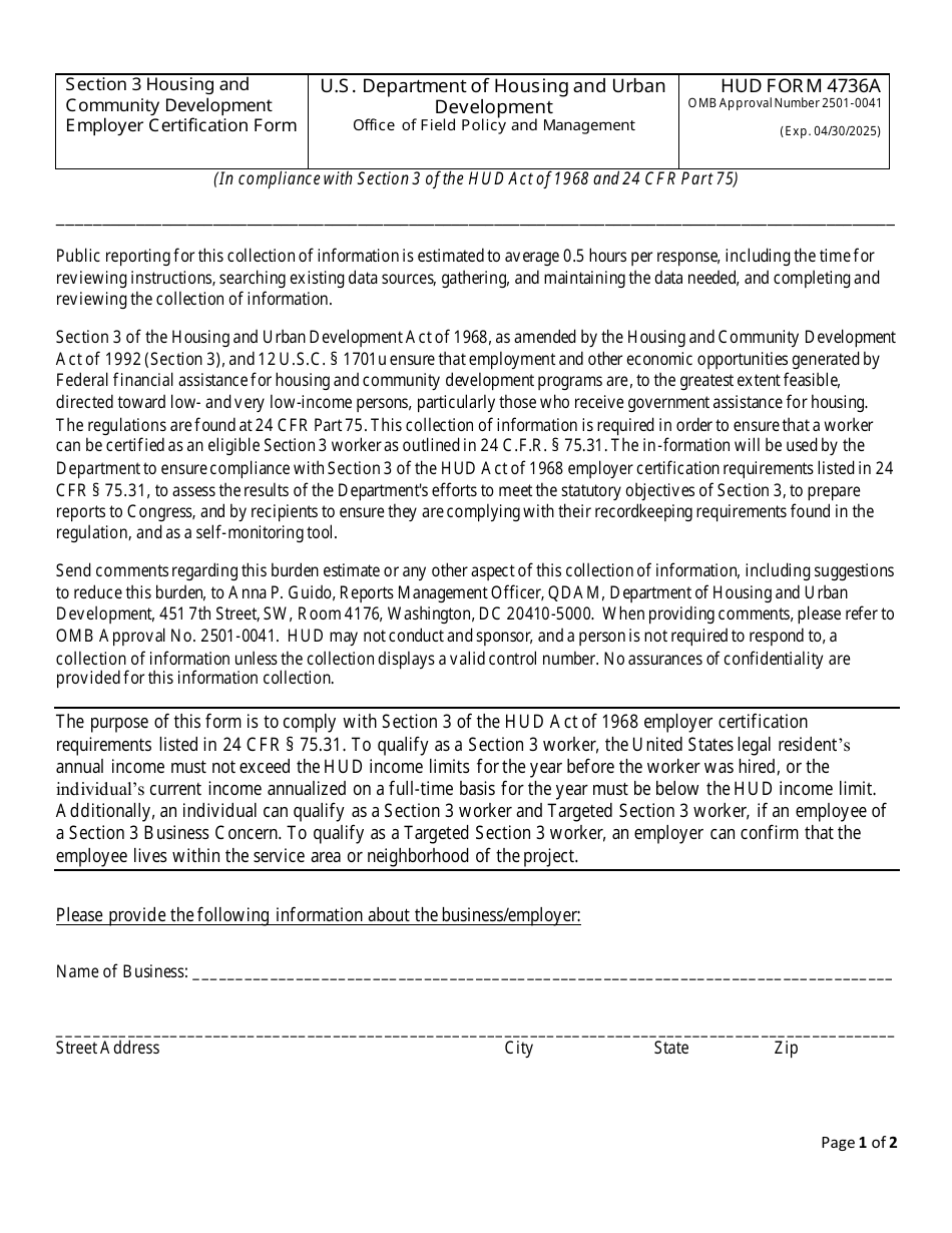 HUD Form 4736A Section 3 Housing and Community Development Employer Certification Form, Page 1