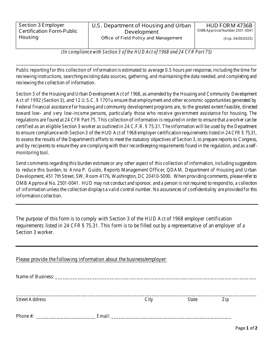 HUD Form 4736B Section 3 Employer Certification Form - Public Housing, Page 1