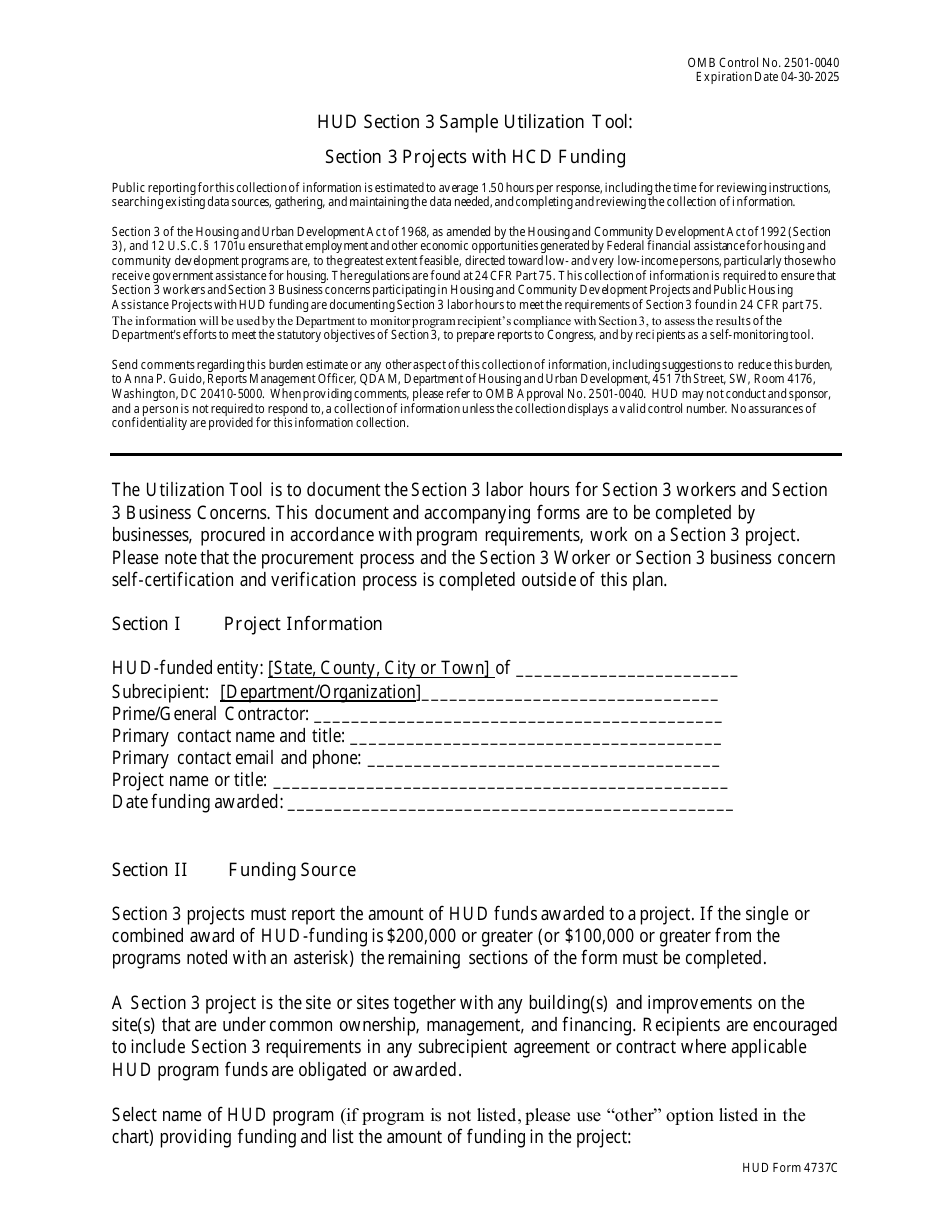 HUD Form 4737C Section 3 Sample Utilization Tool: Section 3 Projects With Hcd Funding, Page 1