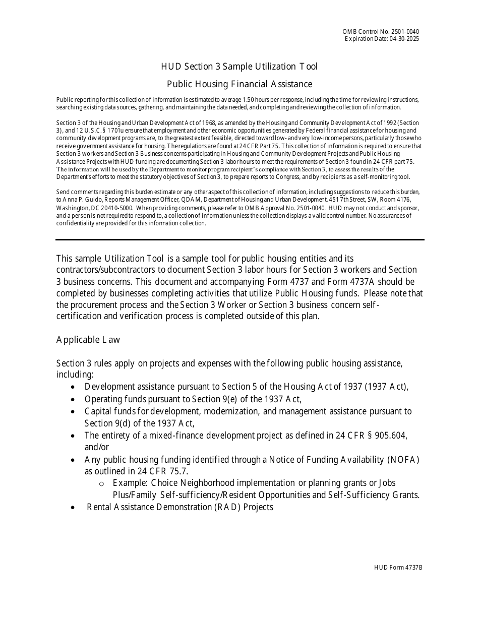HUD Form 4737B Section 3 Sample Utilization Tool: Public Housing Financial Assistance, Page 1