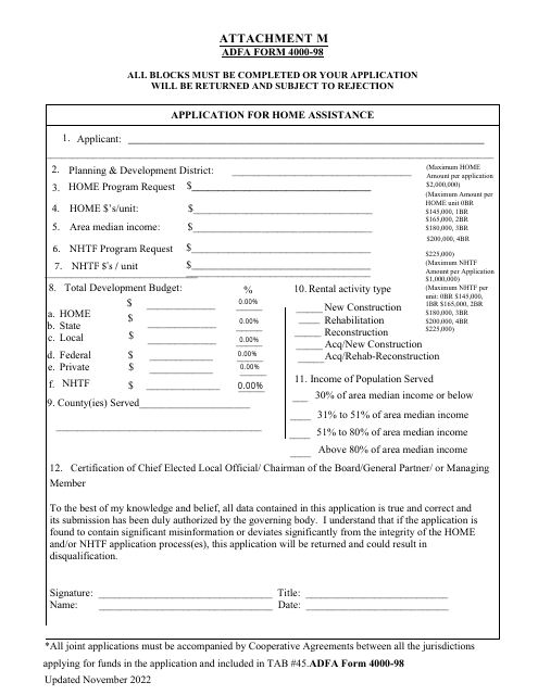 ADFA Form 4000-98 Attachment M Application for Home Assistance - Arkansas
