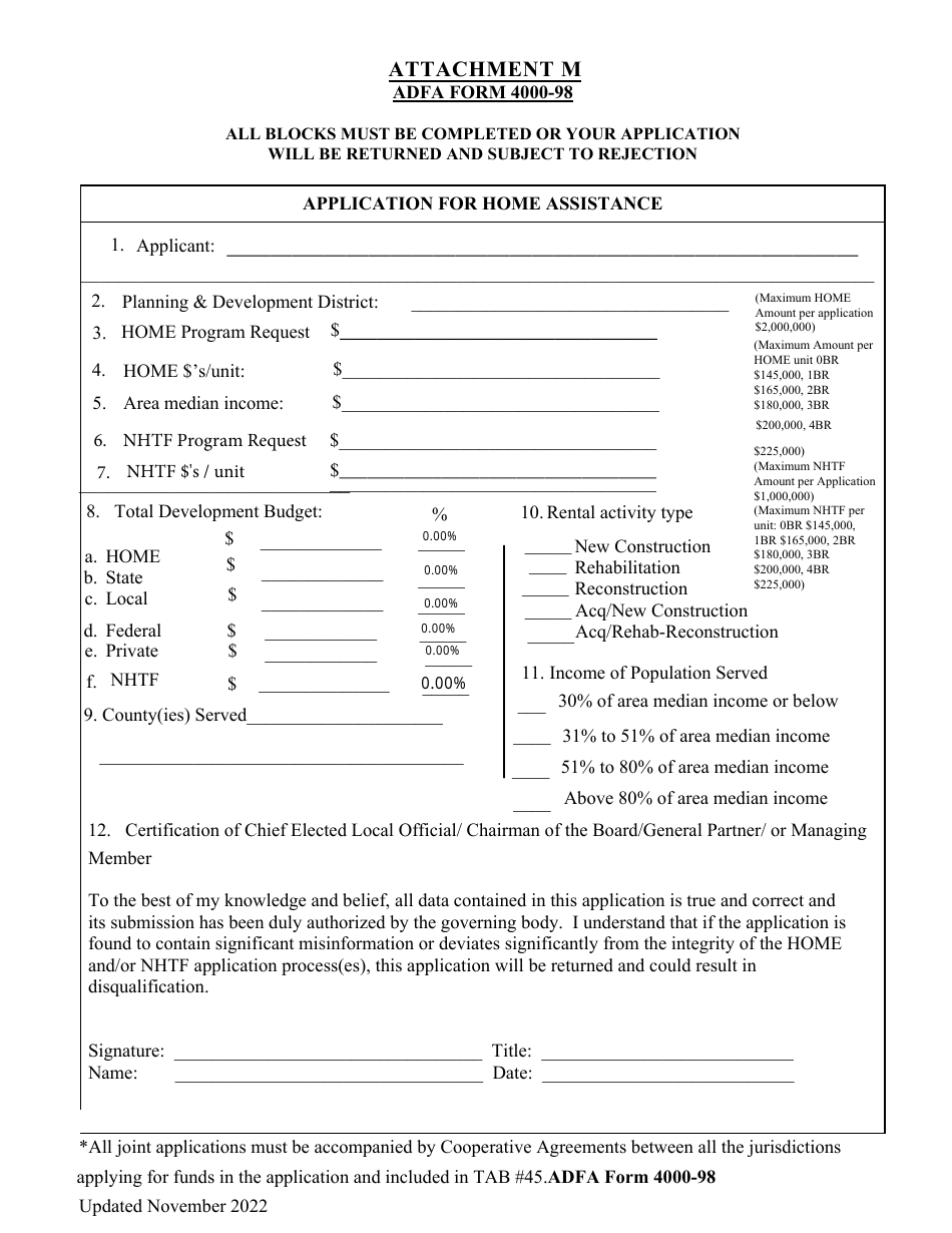 ADFA Form 4000-98 Attachment M Application for Home Assistance - Arkansas, Page 1