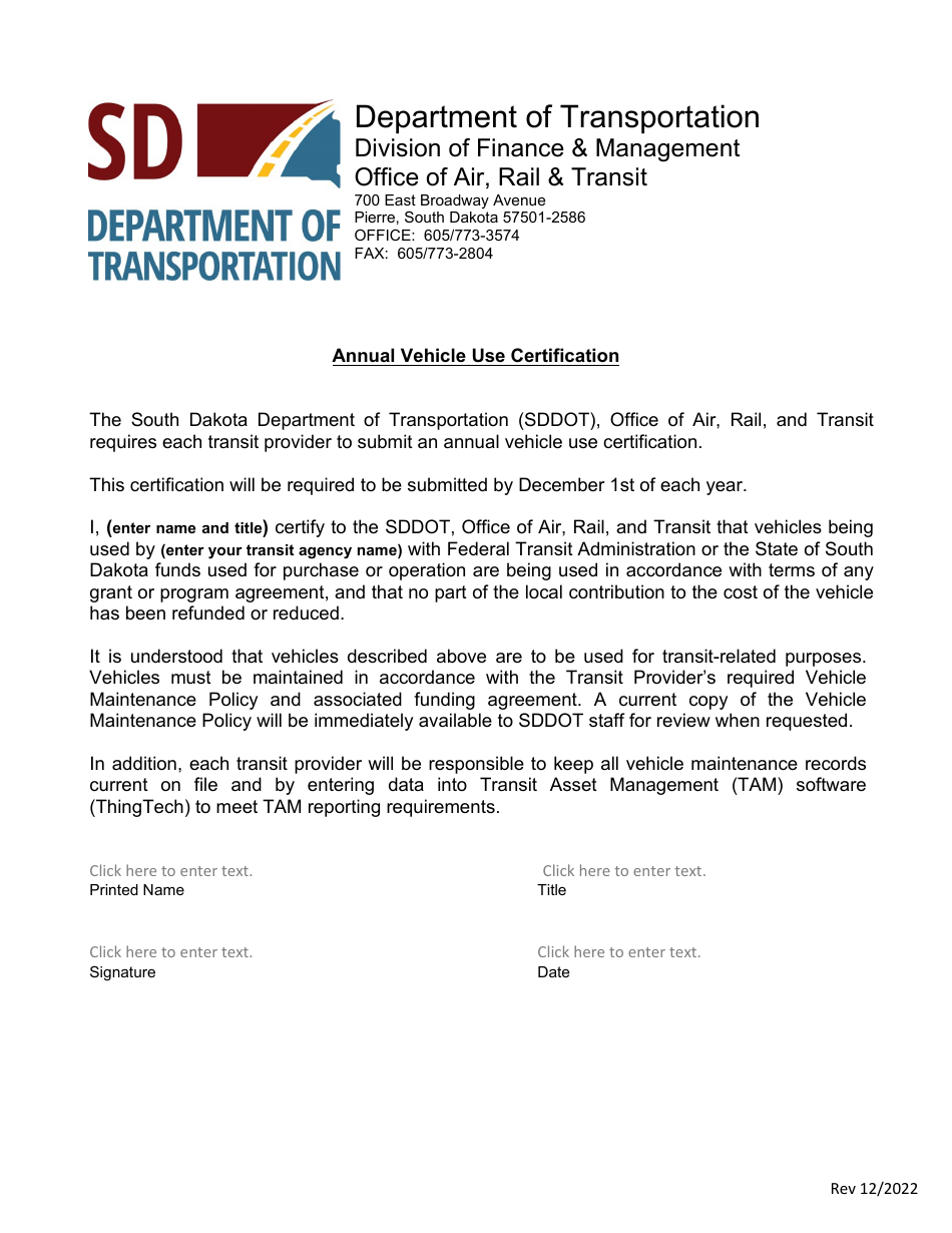 South Dakota Annual Vehicle Use Certification Fill Out Sign Online